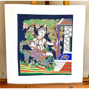 Vintage Hand-Painted Thai Textile Art Ramakien Hanuman Scene Wall Art